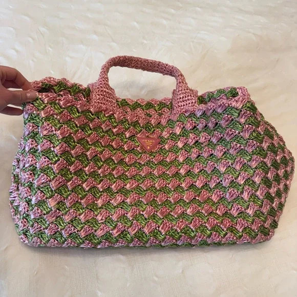 PRADA Pink & Green Woven Beach Bag - Picture 11 of 11